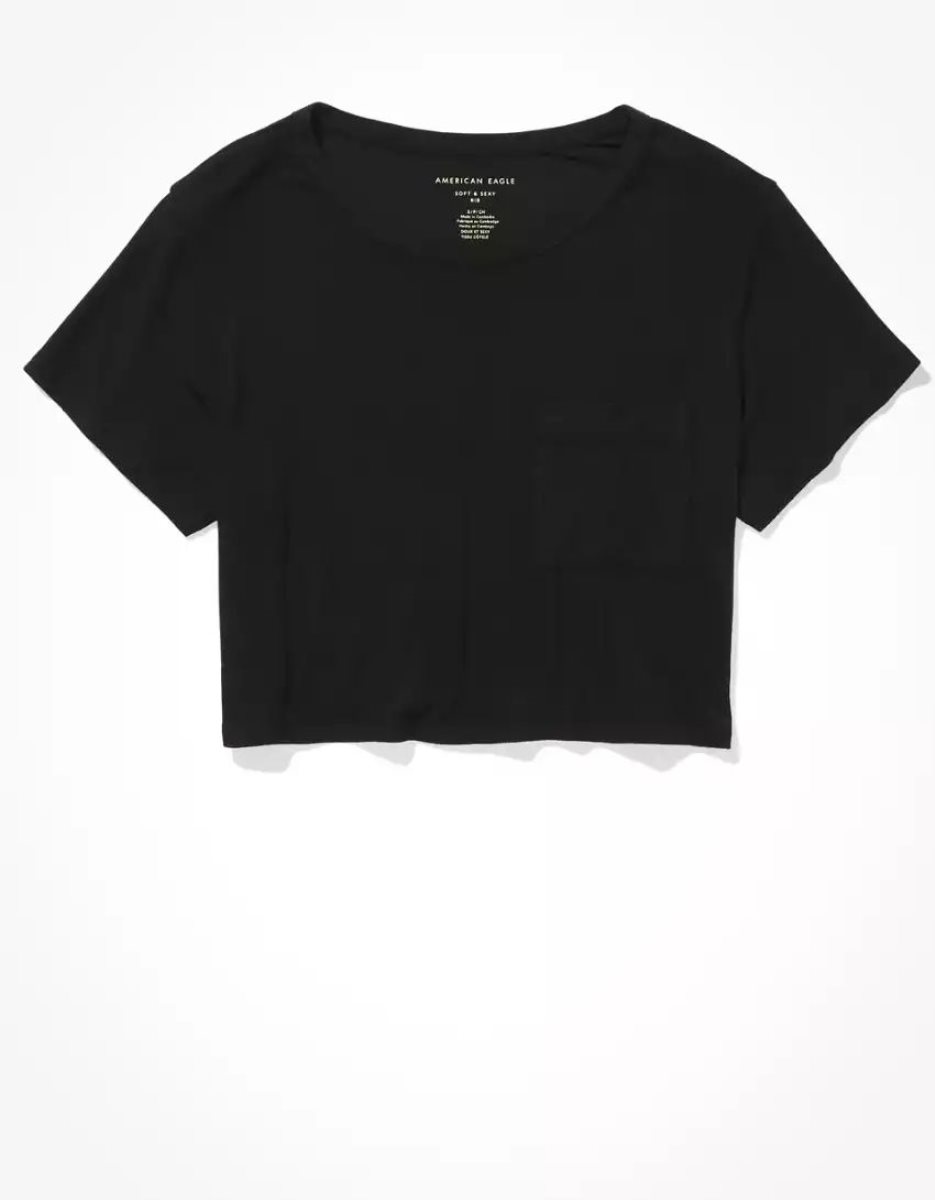 T Shirts American Eagle AE Cropped Soft & Sexy Pocket Tee Noir Femme | KOM-49892832